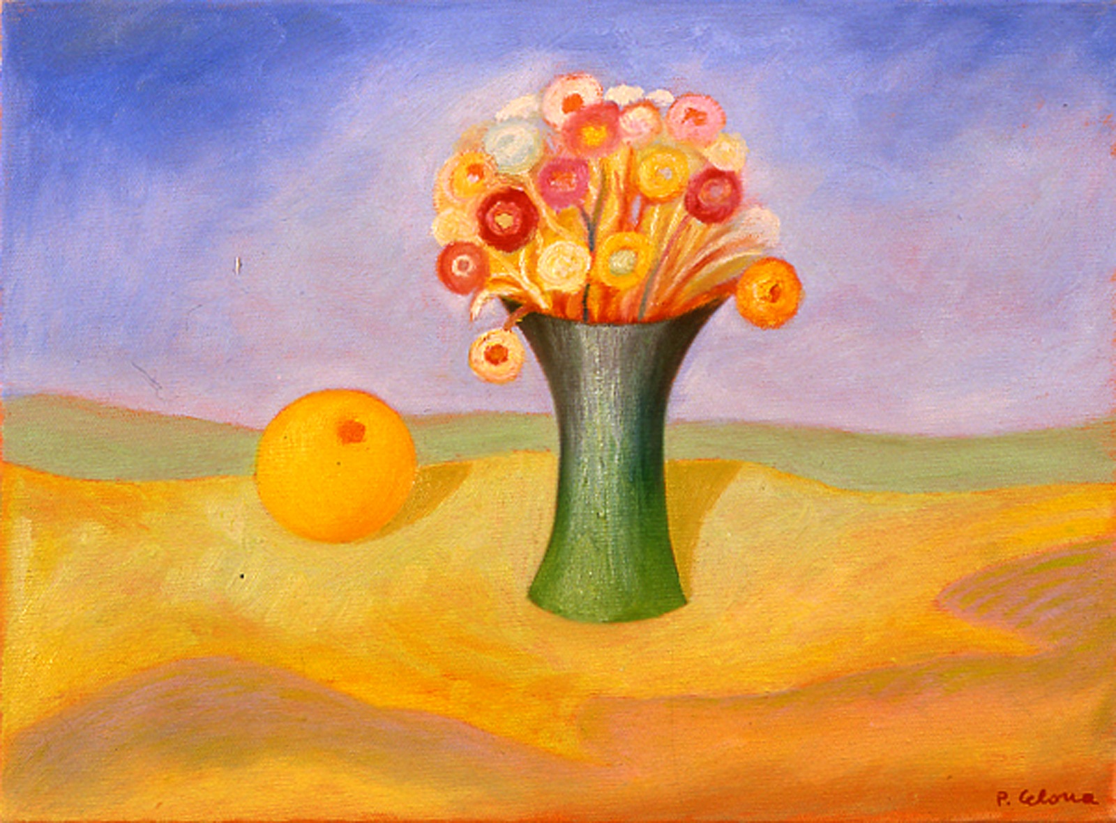 Vaso e fiori con arancia, ca. 1995
Olio su tela 50 x 60 cm,
Collezione privata