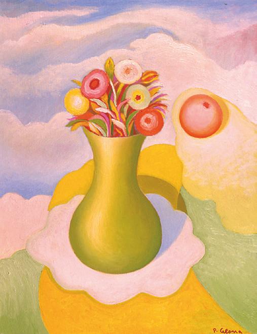 Vaso con fiori e arancia, ca. 1995
Olio su tela, 50 x 40 cm,
Collezione privata,
NM301