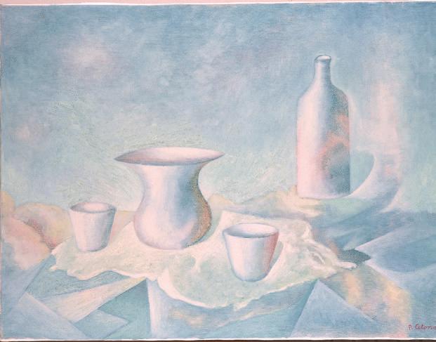 Vasi e bottiglia nello spazio, 1990
Olio su tela, 60 x 80 cm,
Collezione privata,
NM008