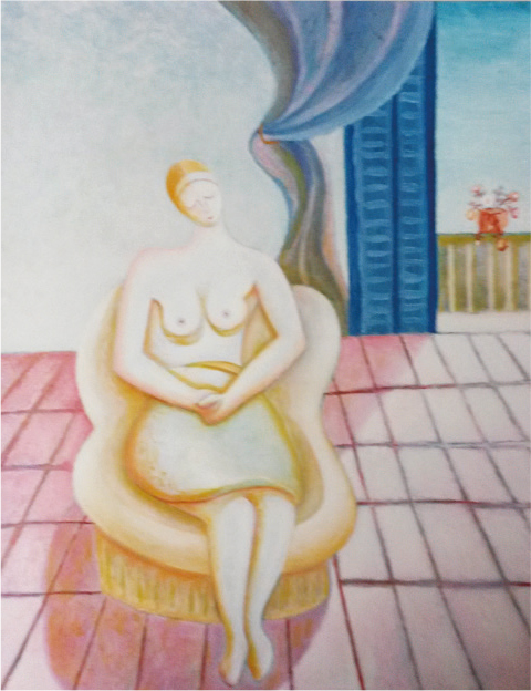 Interno con fi gura assisa, 1992
Olio su tela, 70 x 50 cm
Collezione privata
C207
