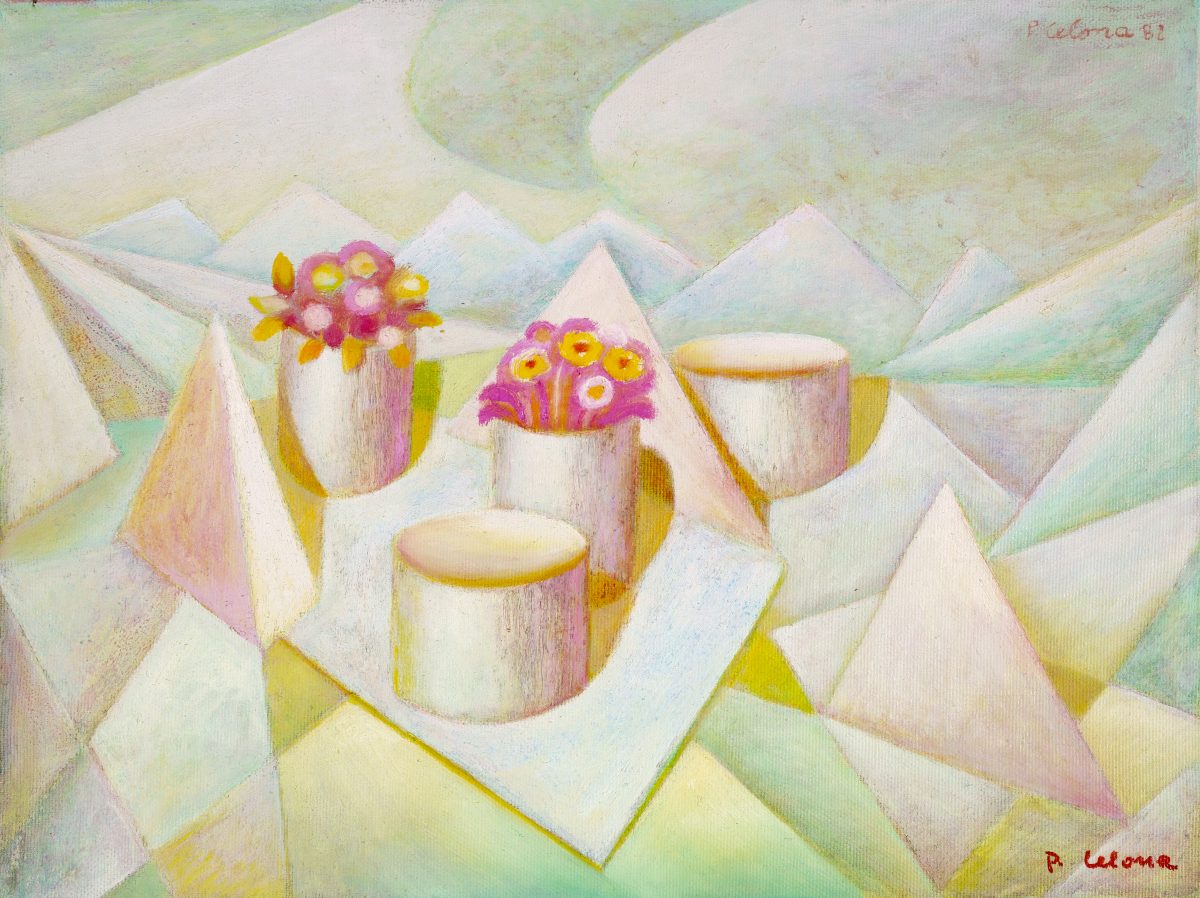 Vasi e fiori nello spazio, 1982
Olio su tela, 25 x 40 cm,
Collezione privata,
NM200