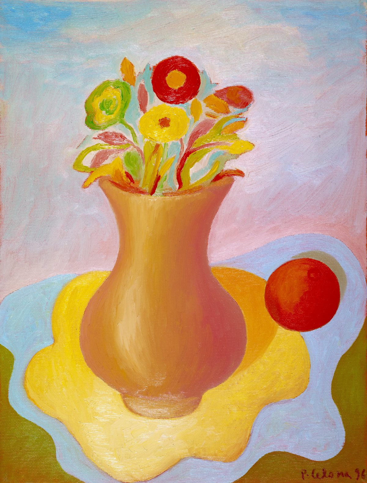 Vaso con fiori e arancia, 1996
Olio su tela, 50 x 40 cm,
Collezione privata,
NMV300