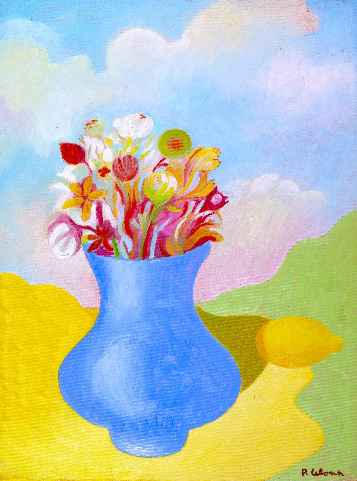 Vaso e fiori con limone, ca. 1995
Olio su tela, 50 x 40 cm,
Collezione privata,
NMV303