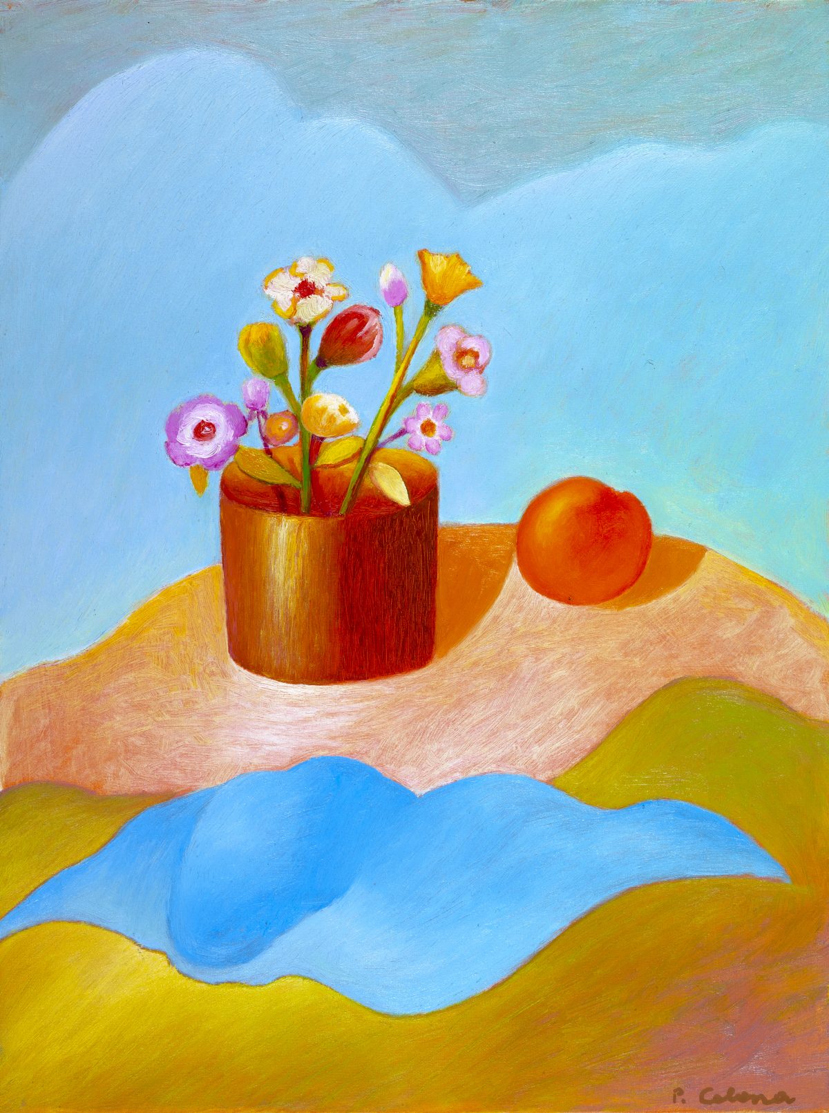 Vaso con fiori e arancia, ca. 1995
Olio su tela, 50 x 40 cm,
Collezione privata,
NMV304